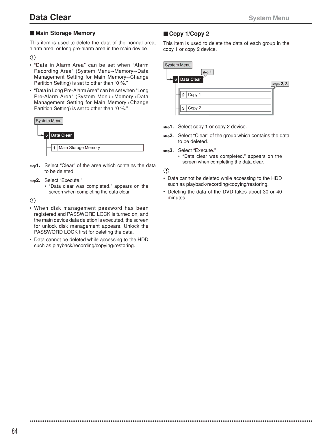 Mitsubishi Electronics DX-TL5000U instruction manual Data Clear, Main Storage Memory, Copy 1/Copy 