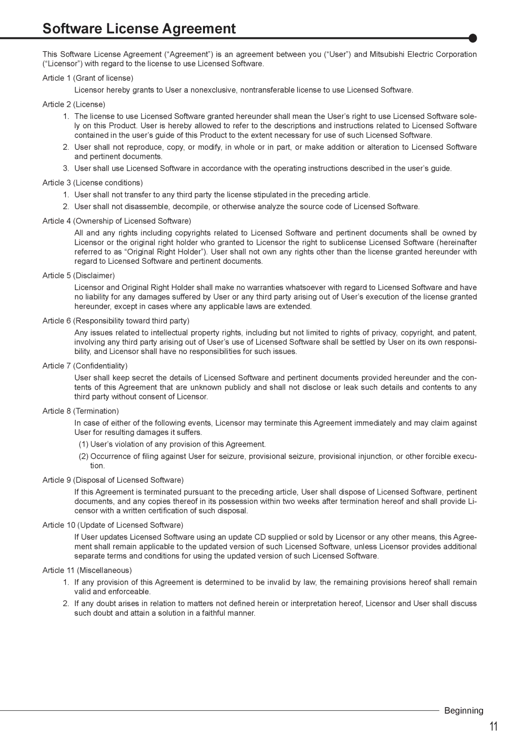 Mitsubishi Electronics DX-TL5716U instruction manual Software License Agreement 