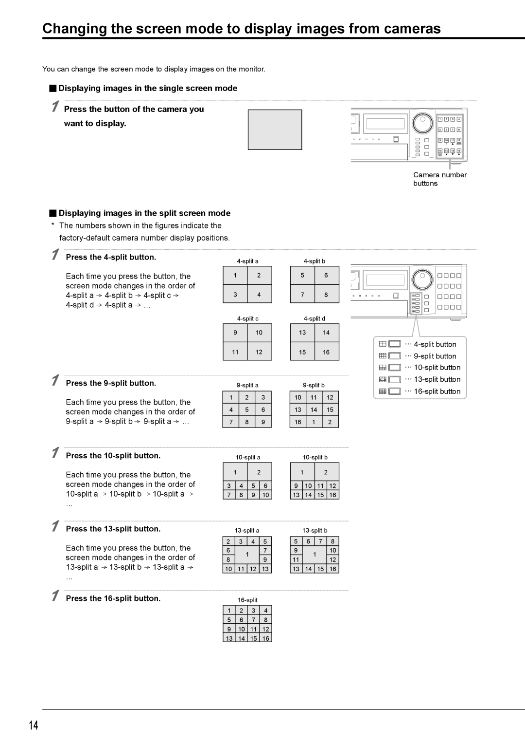 Mitsubishi Electronics DX-TL5716U Changing the screen mode to display images from cameras, Press the 4-split button 