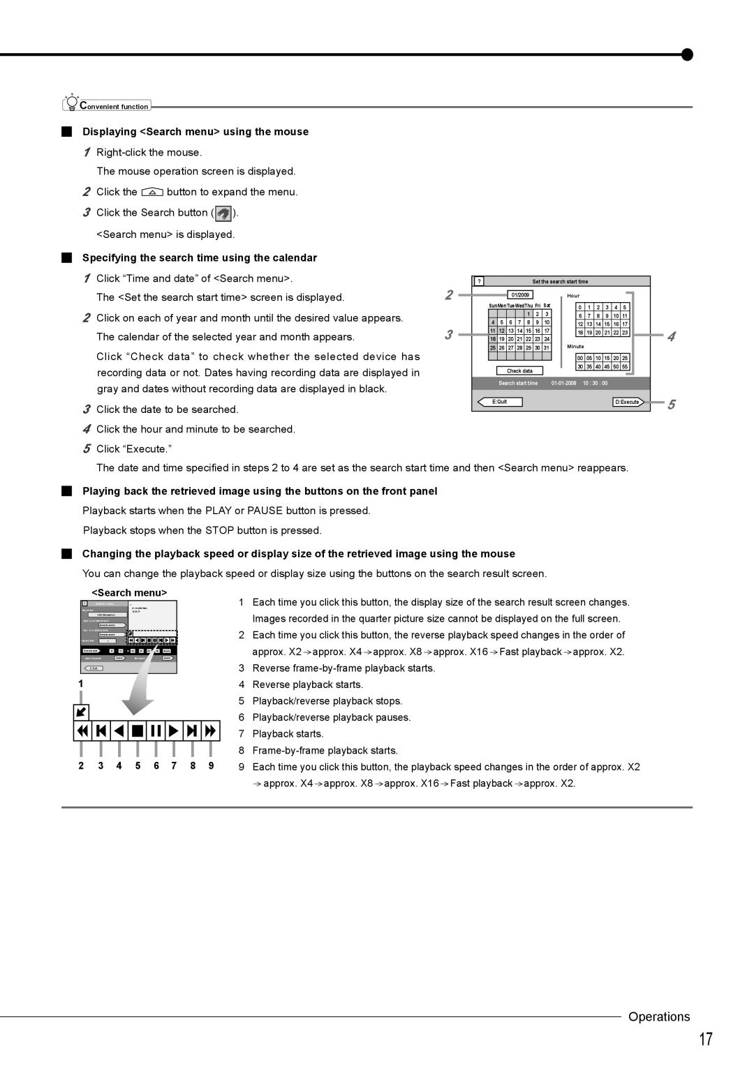 Mitsubishi Electronics DX-TL5716U Displaying Search menu using the mouse, Specifying the search time using the calendar 