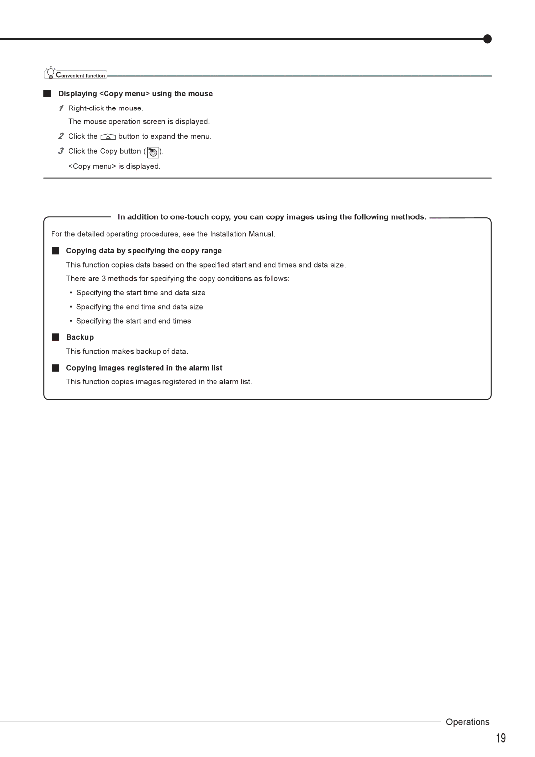 Mitsubishi Electronics DX-TL5716U Displaying Copy menu using the mouse, Copying data by specifying the copy range, Backup 