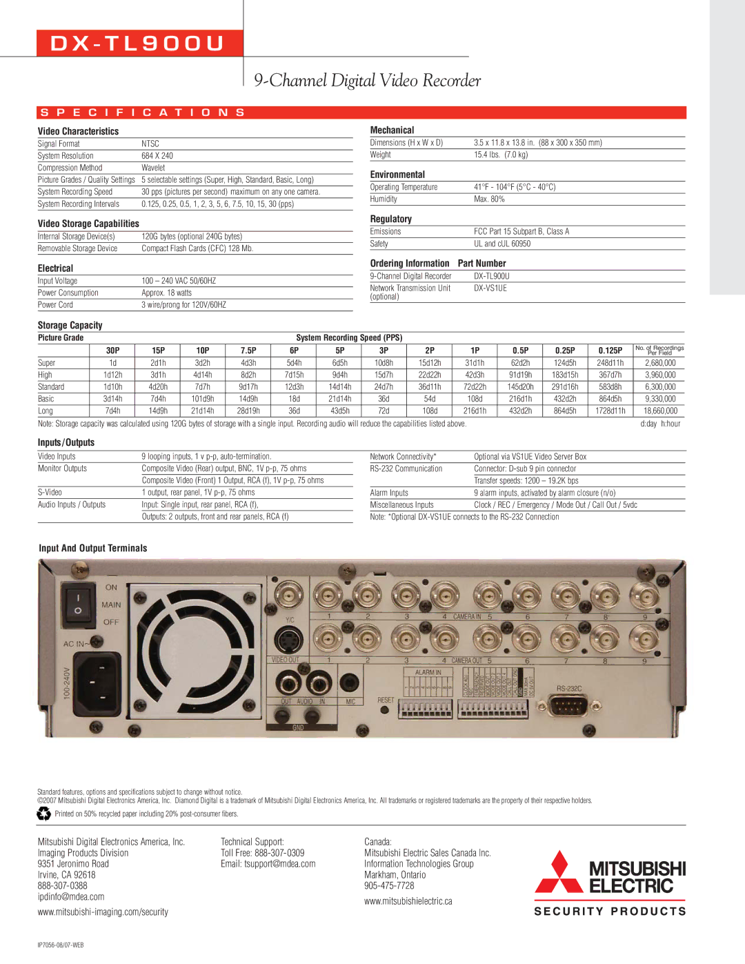 Mitsubishi Electronics DX-TL900U Video Characteristics, Video Storage Capabilities, Mechanical, Environmental, Regulatory 