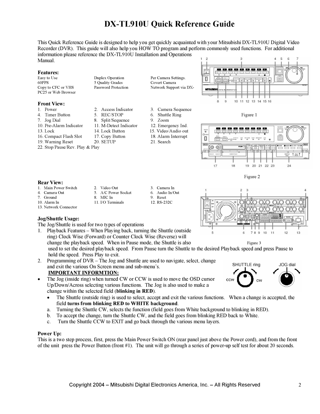 Mitsubishi Electronics DX-TL910U setup guide Features, Front View, Rear View, Jog/Shuttle Usage, Power Up 