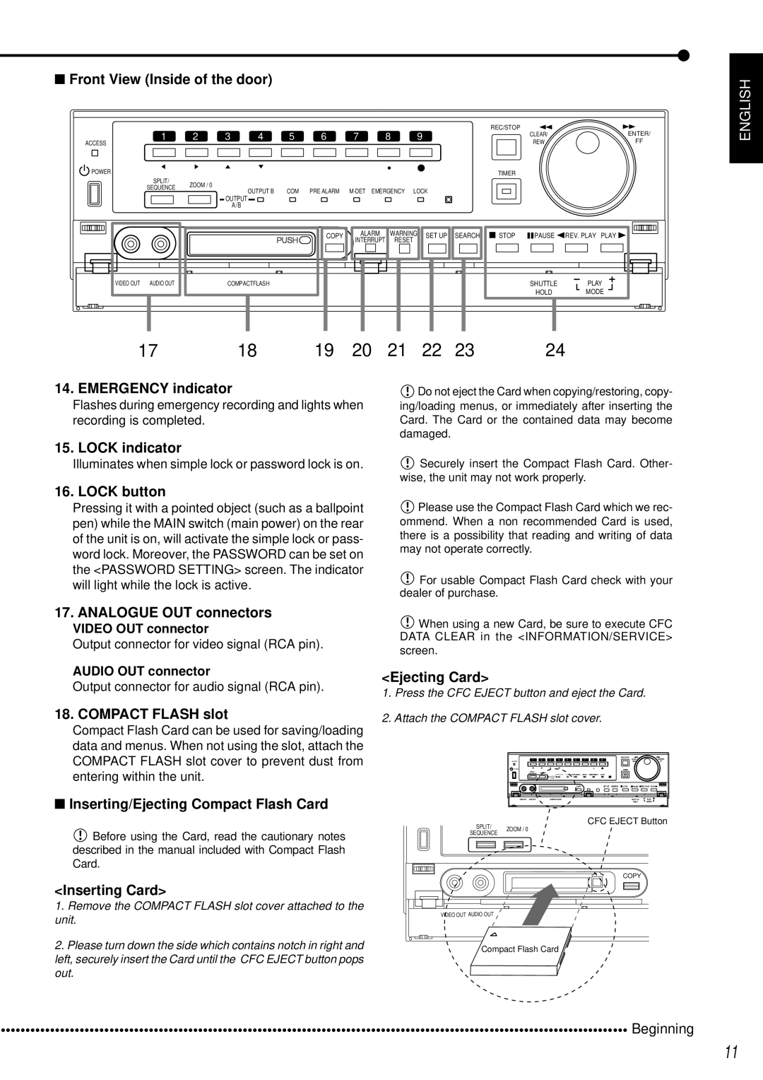 Mitsubishi Electronics DX-TL950E Front View Inside of the door, Emergency indicator, Lock indicator, Lock button 