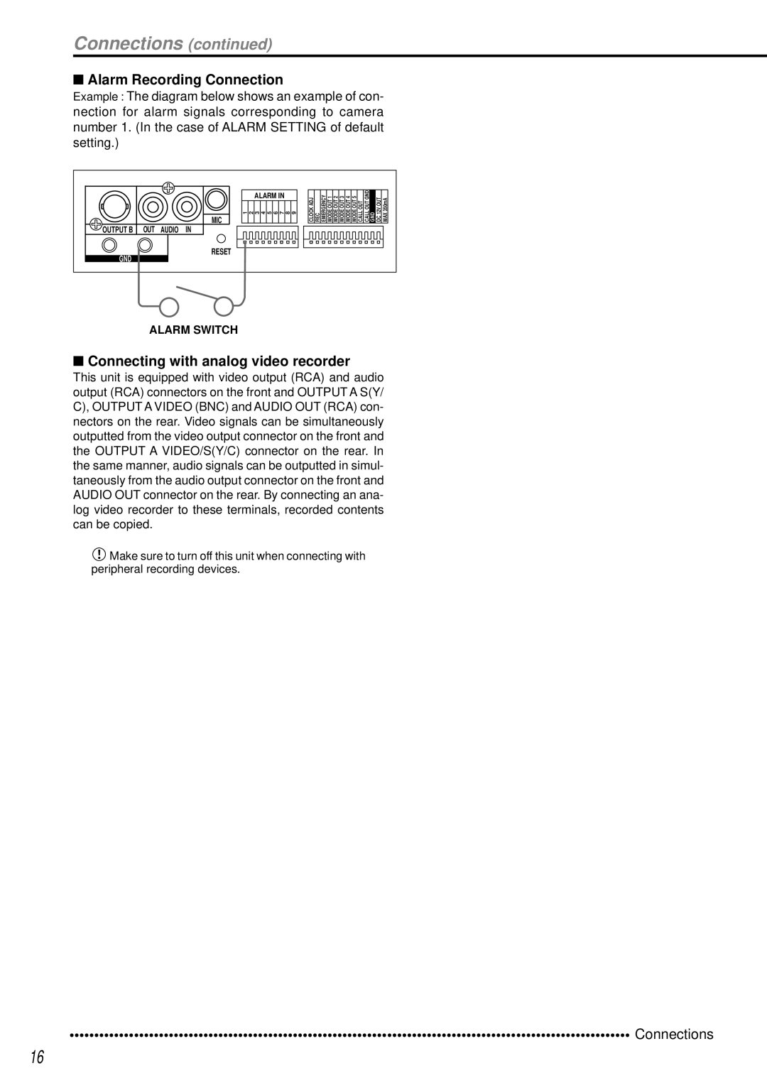 Mitsubishi Electronics DX-TL950E Connections, Alarm Recording Connection, Connecting with analog video recorder 