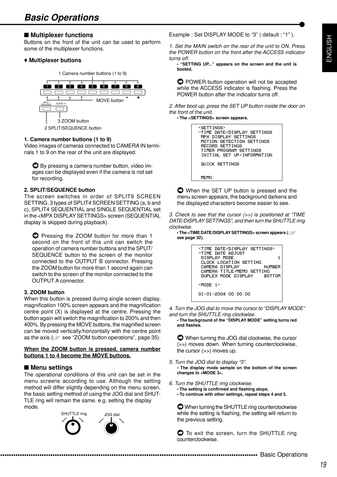 Mitsubishi Electronics DX-TL950E operation manual Basic Operations, Multiplexer functions, Menu settings 