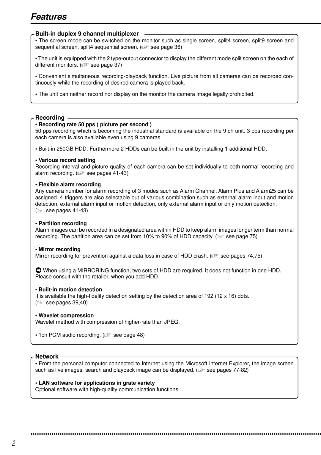 Mitsubishi Electronics DX-TL950E operation manual Features, Built-in duplex 9 channel multiplexer, Recording, Network 