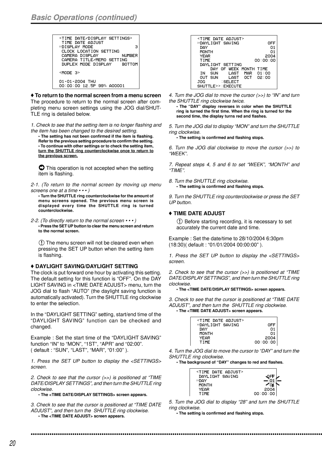 Mitsubishi Electronics DX-TL950E Basic Operations, To return to the normal screen from a menu screen, Time Date Adjust 