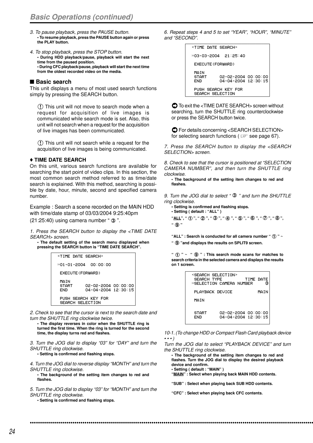 Mitsubishi Electronics DX-TL950E operation manual Basic search, Time Date Search, To pause playback, press the Pause button 