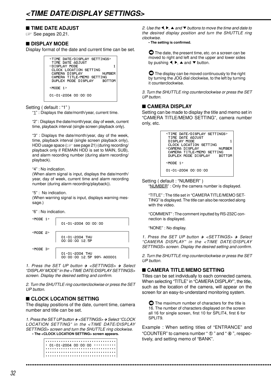 Mitsubishi Electronics DX-TL950E operation manual Time Date Adjust, Display Mode, Camera Display, Camera TITLE/MEMO Setting 