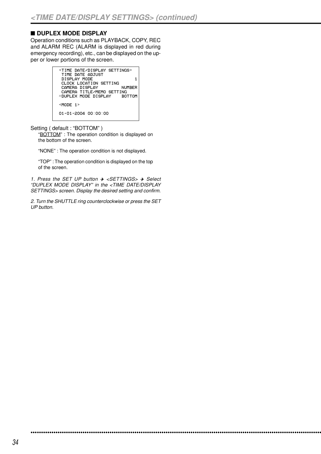 Mitsubishi Electronics DX-TL950E operation manual Duplex Mode Display, Setting default Bottom 