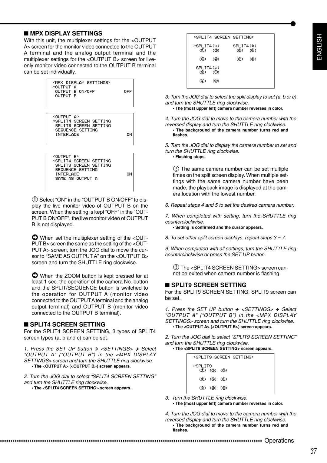 Mitsubishi Electronics DX-TL950E operation manual MPX Display Settings, SPLIT4 Screen Setting, SPLIT9 Screen Setting 