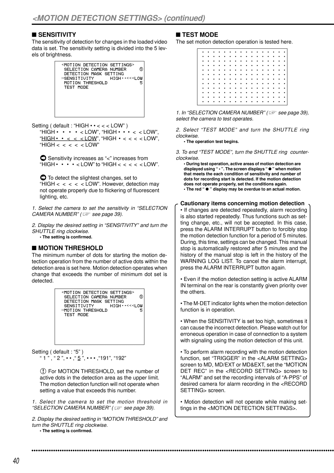 Mitsubishi Electronics DX-TL950E operation manual Motion Detection Settings, Sensitivity, Motion Threshold, Test Mode 