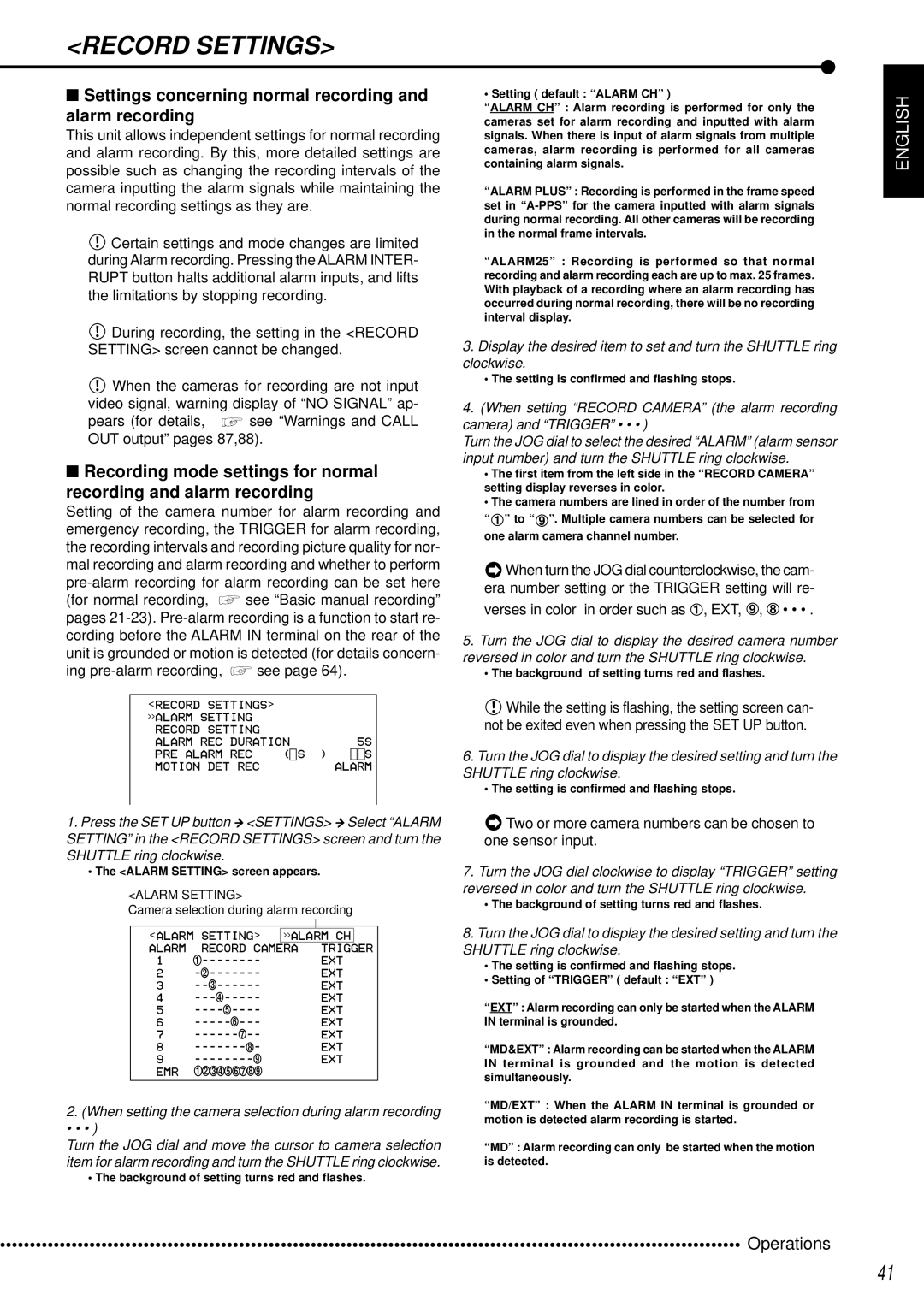 Mitsubishi Electronics DX-TL950E Settings concerning normal recording and alarm recording, Ing pre-alarm recording, see 