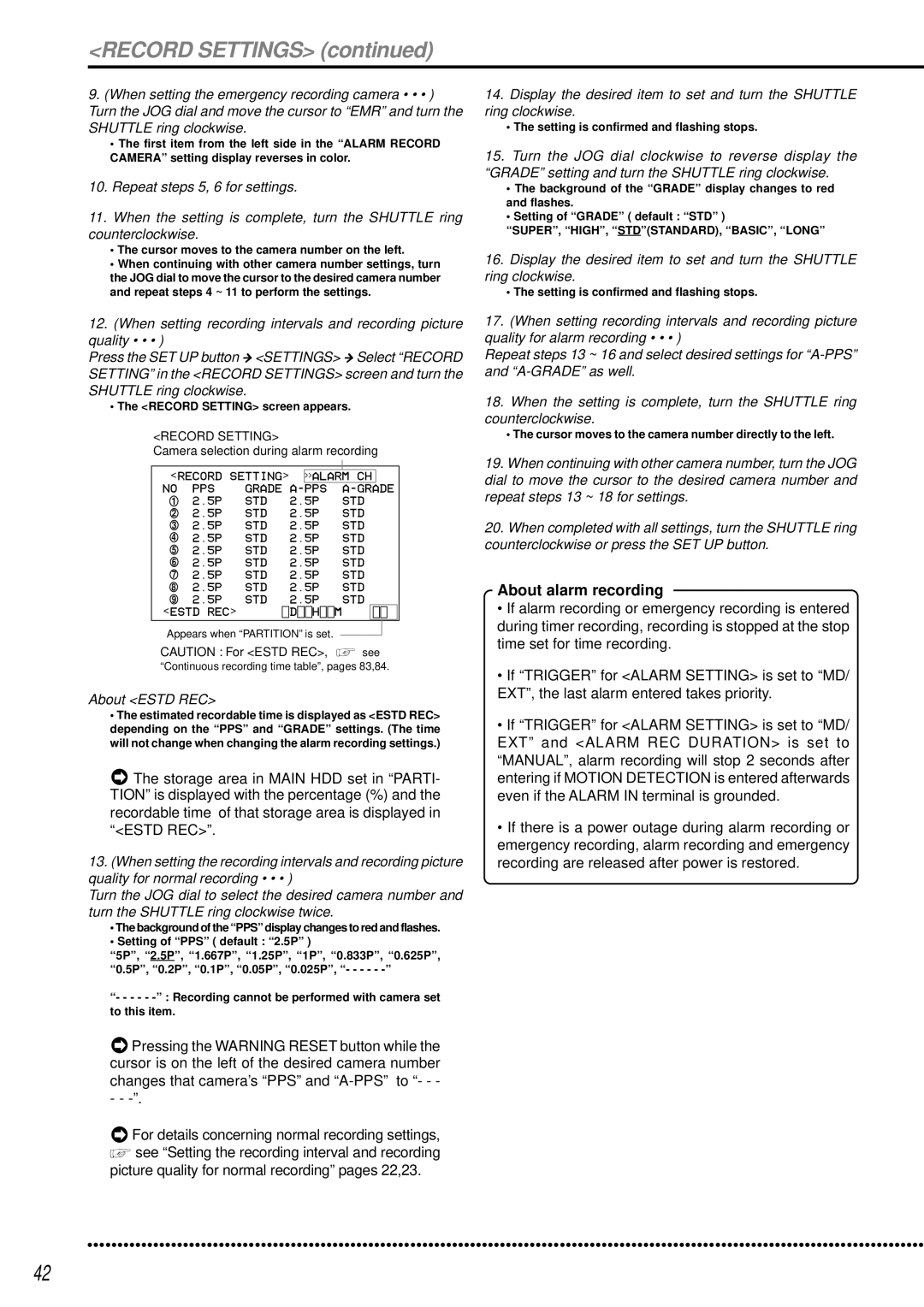 Mitsubishi Electronics DX-TL950E Record Settings, Picture quality for normal recording pages 22,23, About alarm recording 