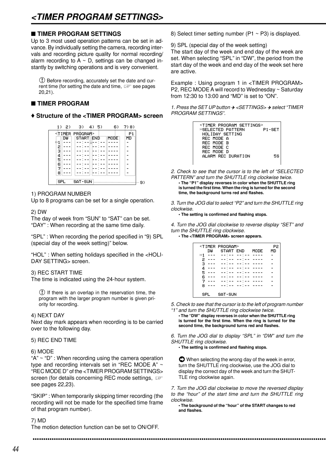 Mitsubishi Electronics DX-TL950E operation manual Timer Program Settings, Structure of the Timer Program screen 