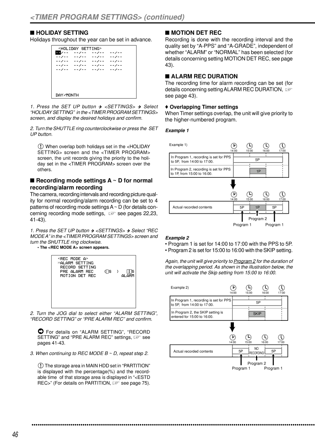 Mitsubishi Electronics DX-TL950E Timer Program Settings, Holiday Setting, Cerning recording mode settings, see pages 22,23 