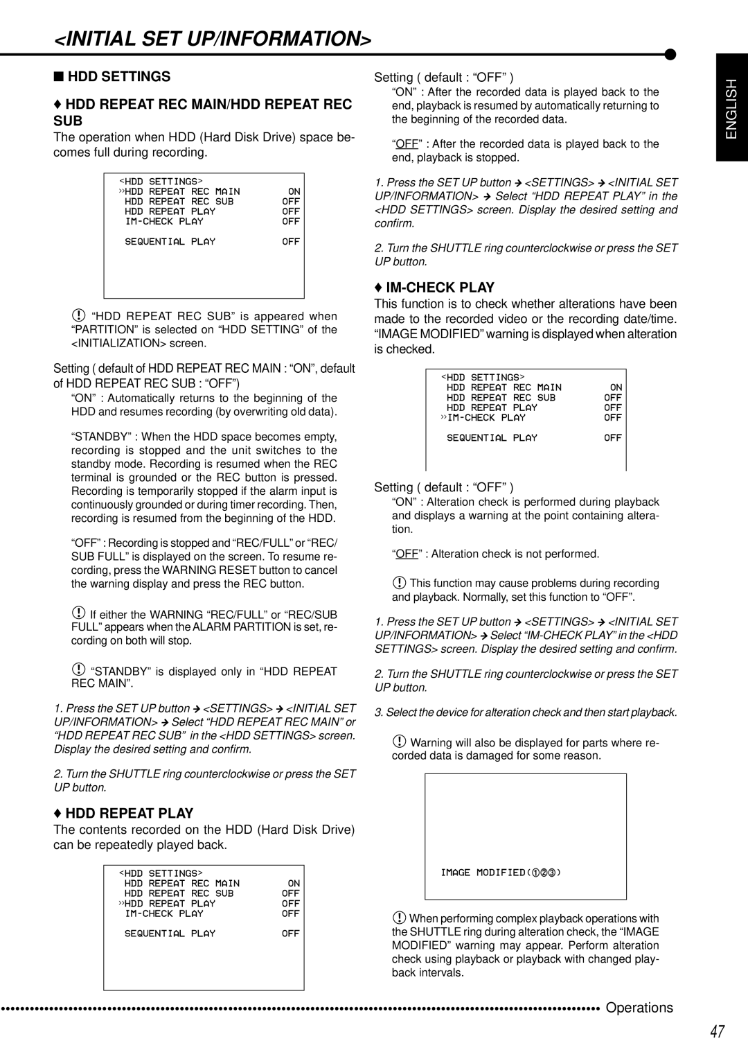 Mitsubishi Electronics DX-TL950E HDD Settings HDD Repeat REC MAIN/HDD Repeat REC SUB, HDD Repeat Play, IM-CHECK Play 