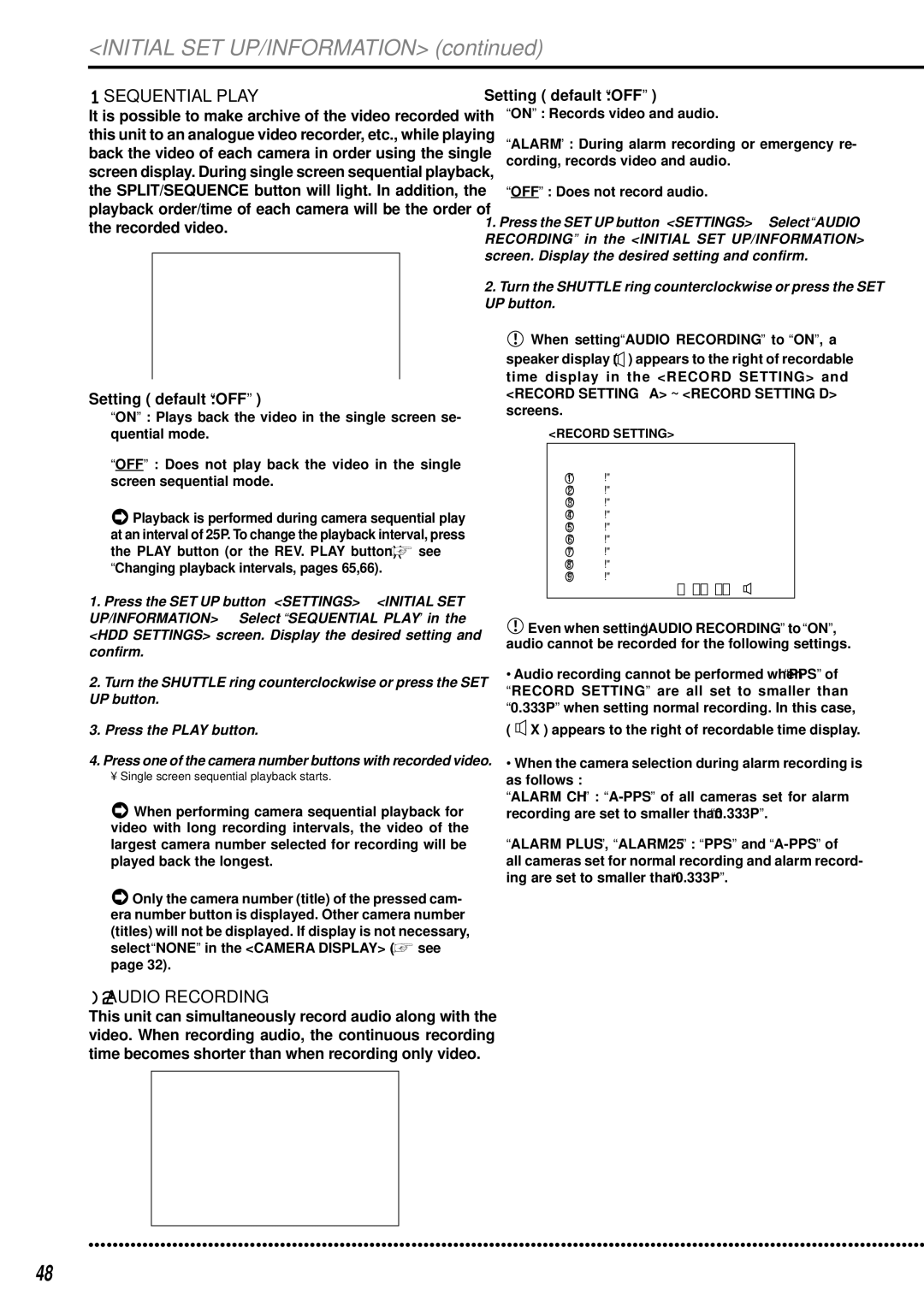 Mitsubishi Electronics DX-TL950E operation manual Initial SET UP/INFORMATION, Sequential Play, Audio Recording 