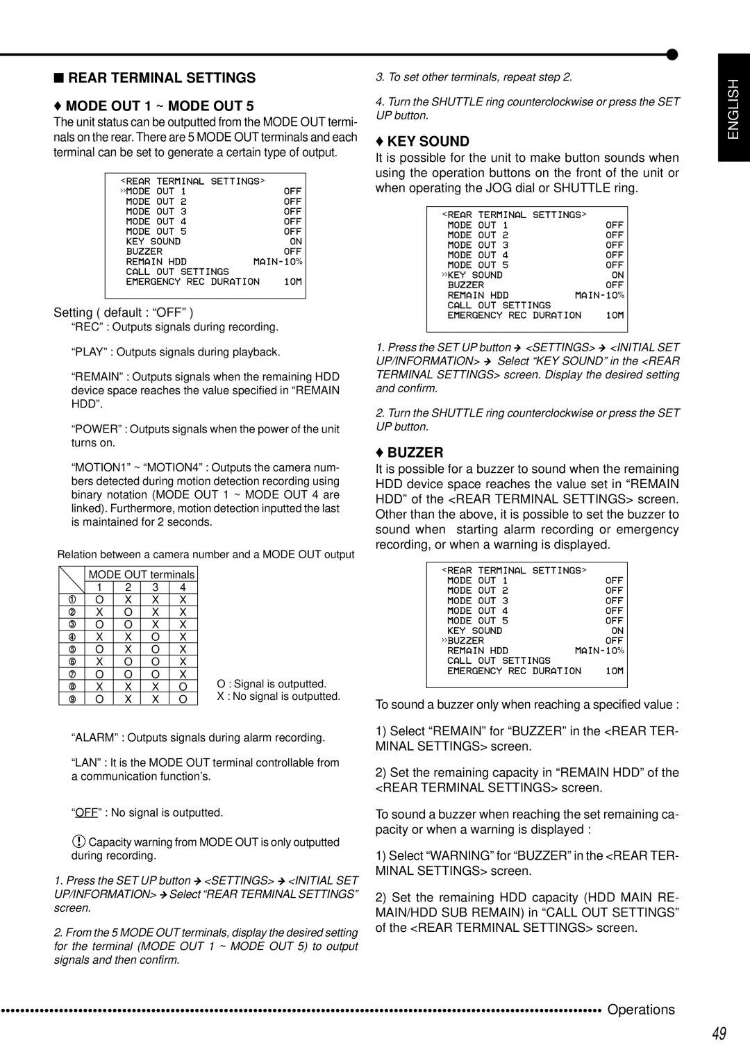 Mitsubishi Electronics DX-TL950E operation manual Rear Terminal Settings Mode OUT 1 ~ Mode OUT, KEY Sound, Buzzer 