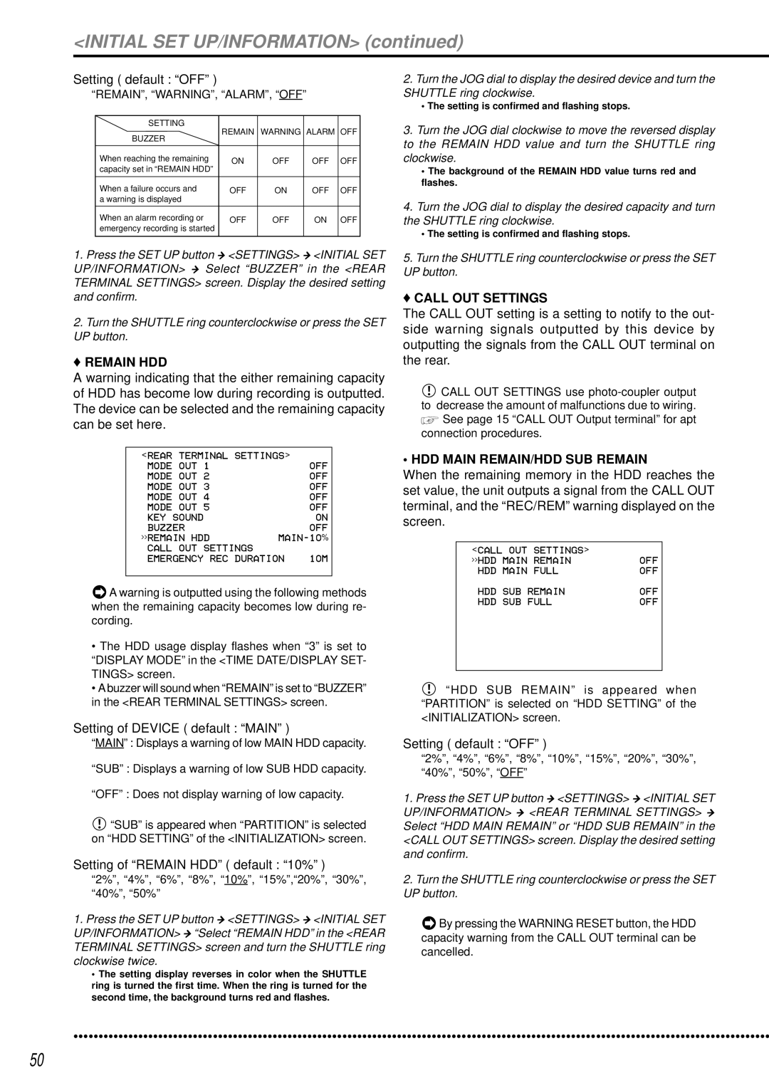 Mitsubishi Electronics DX-TL950E Setting of Device default Main, Setting of Remain HDD default 10%, Call OUT Settings 