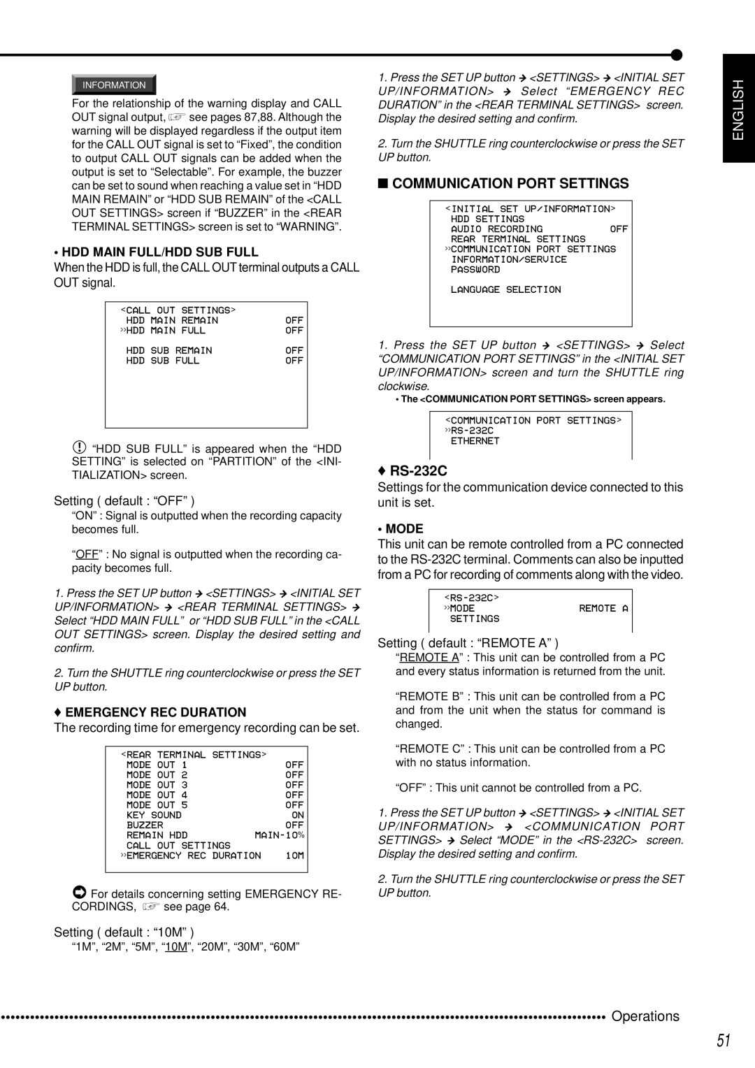 Mitsubishi Electronics DX-TL950E Communication Port Settings, RS-232C, HDD Main FULL/HDD SUB Full, Emergency REC Duration 