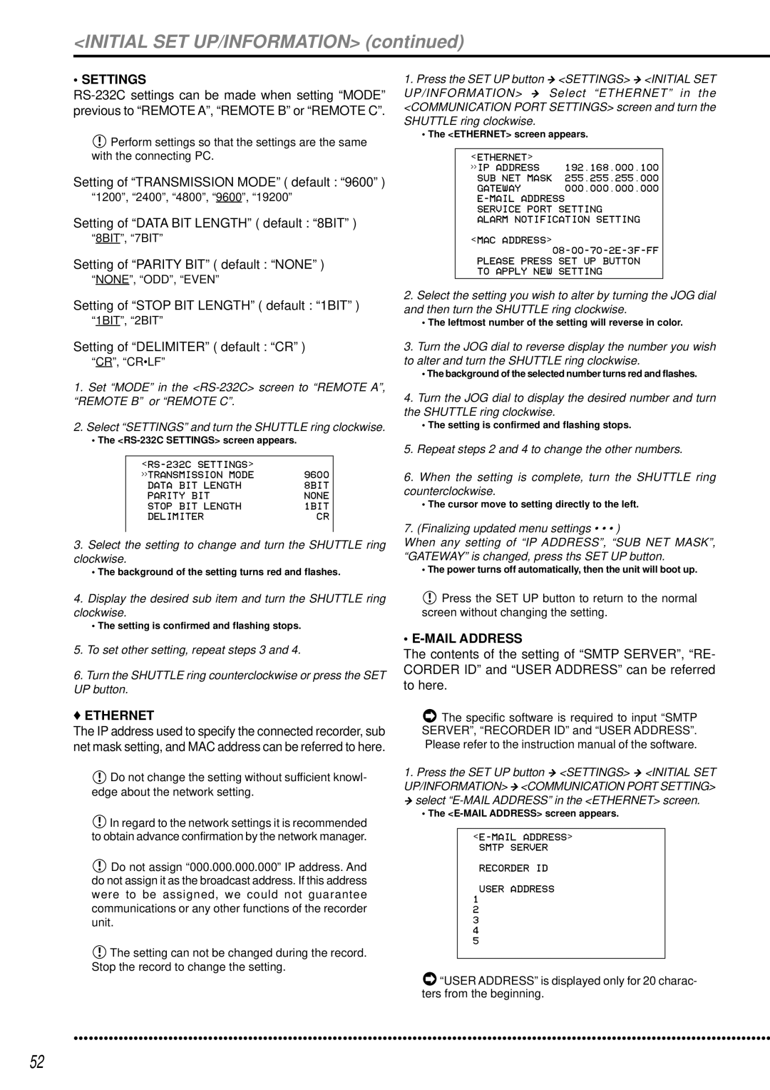 Mitsubishi Electronics DX-TL950E operation manual Settings, Ethernet, Mail Address 