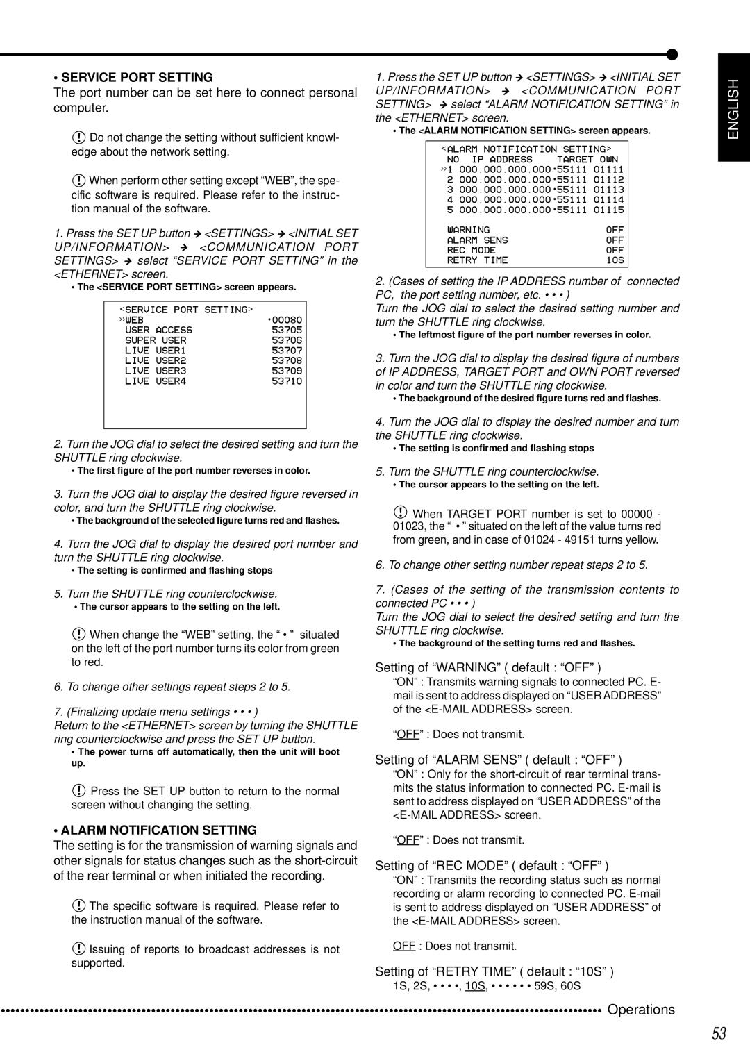 Mitsubishi Electronics DX-TL950E operation manual Service Port Setting, Alarm Notification Setting 