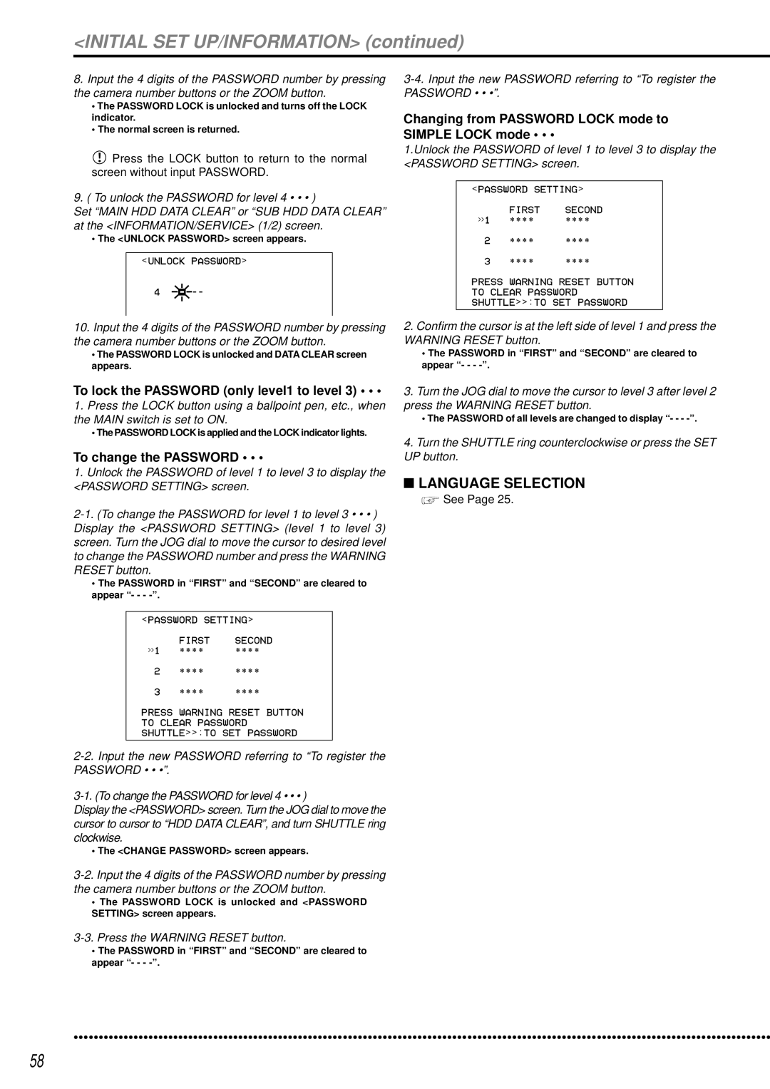 Mitsubishi Electronics DX-TL950E operation manual Language Selection, Changing from Password Lock mode to Simple Lock mode 