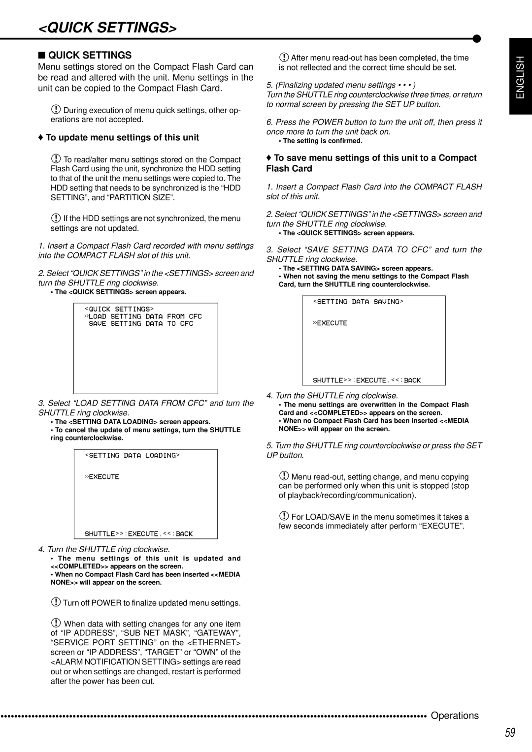 Mitsubishi Electronics DX-TL950E operation manual To update menu settings of this unit, Quick Settings screen appears 