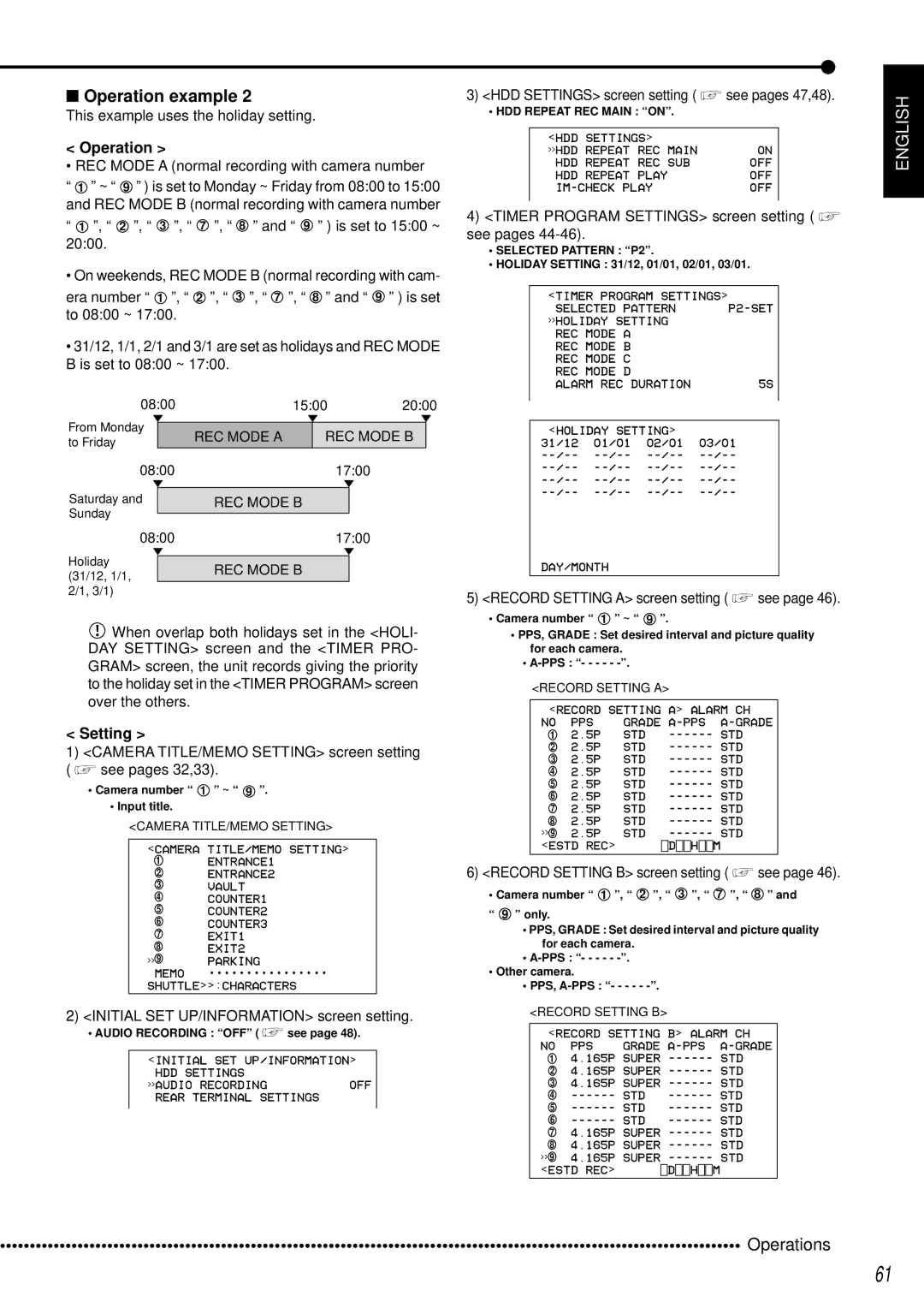 Mitsubishi Electronics DX-TL950E This example uses the holiday setting, HDD Settings screen setting see pages 47,48 