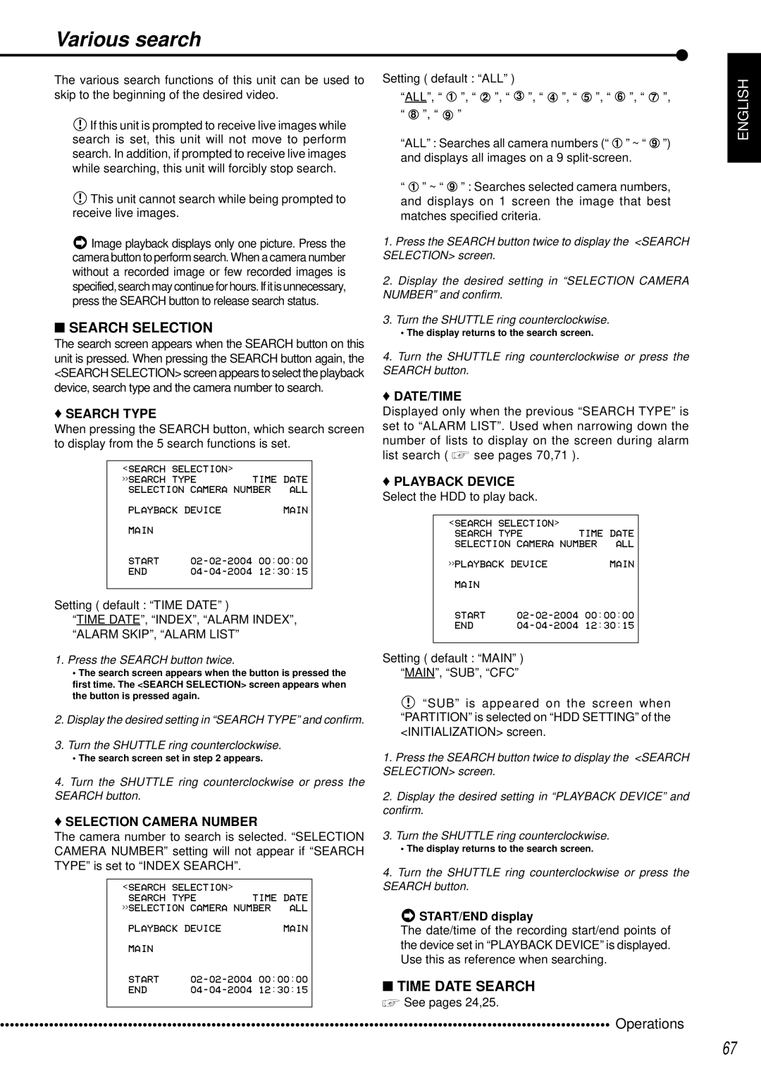 Mitsubishi Electronics DX-TL950E operation manual Various search, Search Selection, Time Date Search 