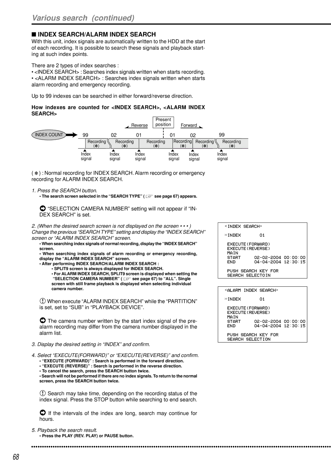 Mitsubishi Electronics DX-TL950E Various search, Index SEARCH/ALARM Index Search, Press the Search button, Index Count 