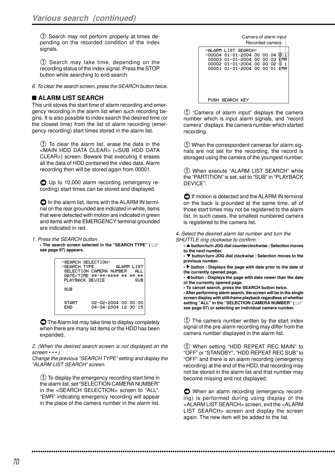 Mitsubishi Electronics DX-TL950E operation manual Alarm List Search, To clear the alarm list, erase the data 