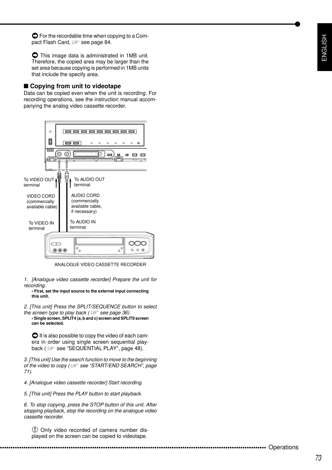 Mitsubishi Electronics DX-TL950E Copying from unit to videotape, Back see Sequential PLAY, Video Cord Audio Cord 