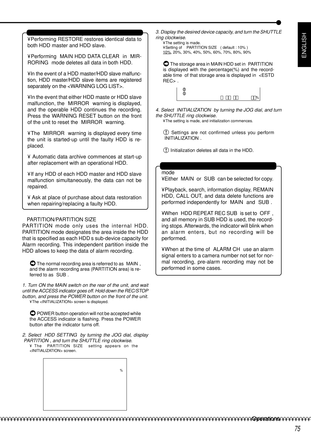 Mitsubishi Electronics DX-TL950E operation manual Points to be aware of regarding Mirror mode, PARTITION/PARTITION Size 