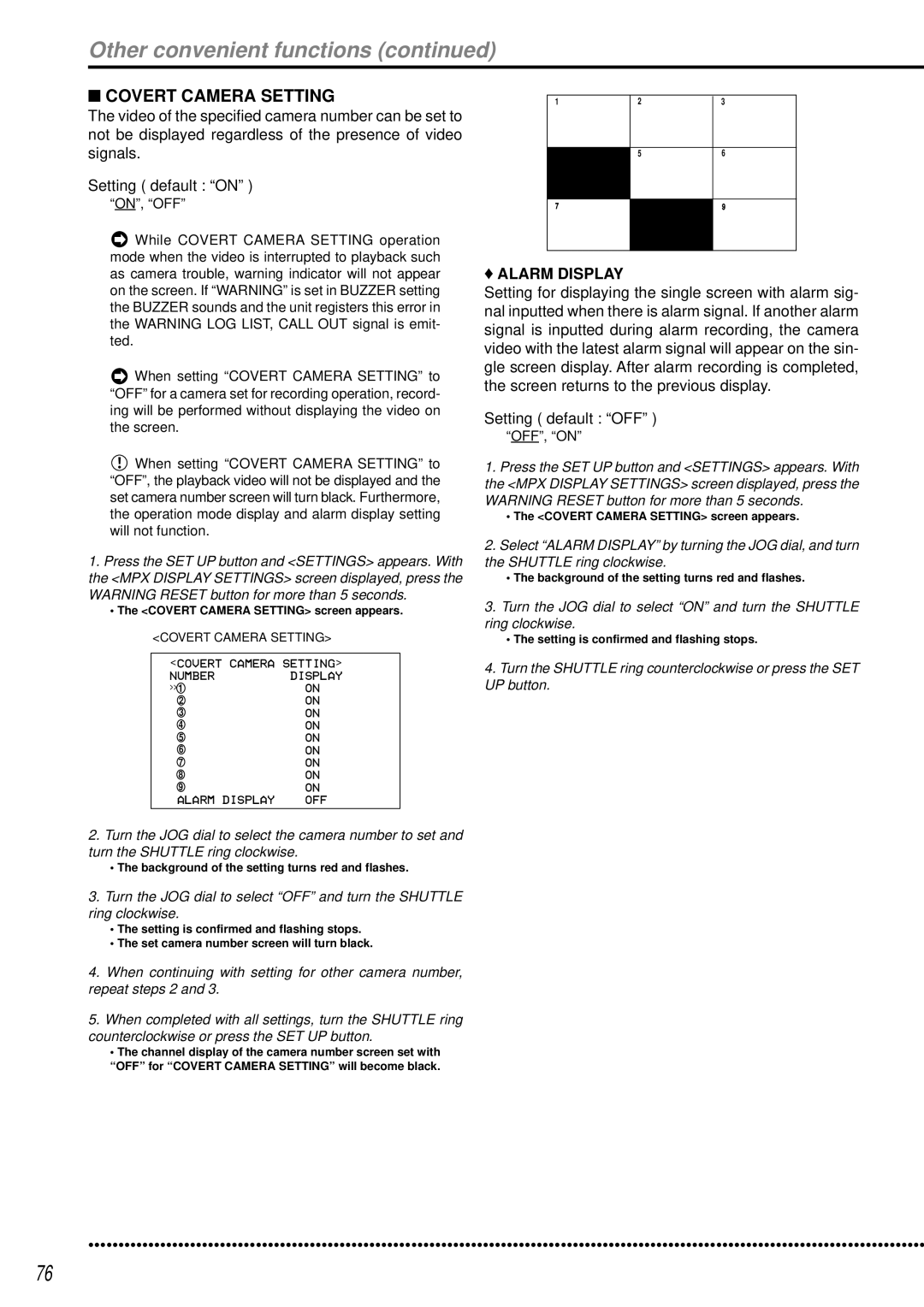 Mitsubishi Electronics DX-TL950E operation manual Other convenient functions, Covert Camera Setting, Alarm Display 