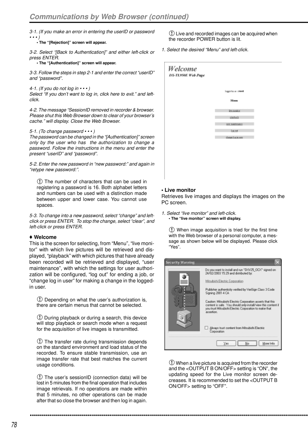 Mitsubishi Electronics DX-TL950E operation manual Communications by Web Browser, Welcome, Live monitor 