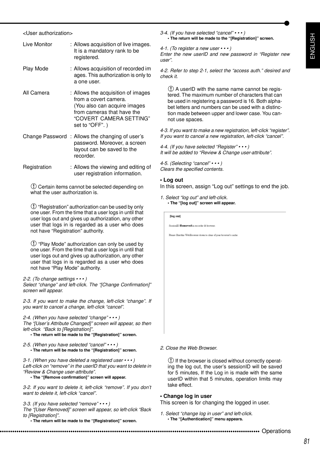 Mitsubishi Electronics DX-TL950E operation manual Covert Camera Setting, Log out, Change log in user 