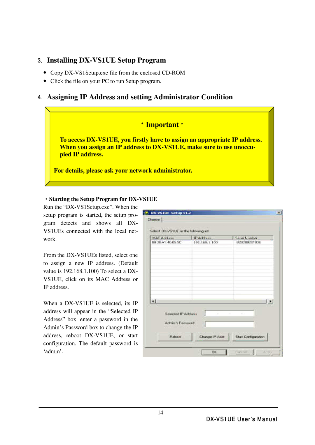 Mitsubishi Electronics Installing DX-VS1UE Setup Program, Assigning IP Address and setting Administrator Condition 