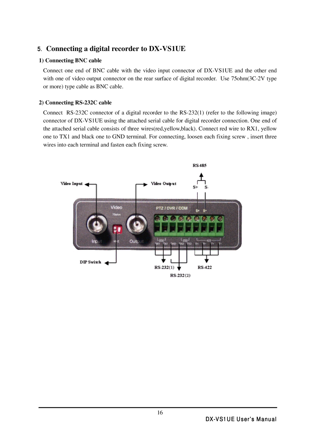 Mitsubishi Electronics Connecting a digital recorder to DX-VS1UE, Connecting BNC cable, Connecting RS-232C cable 