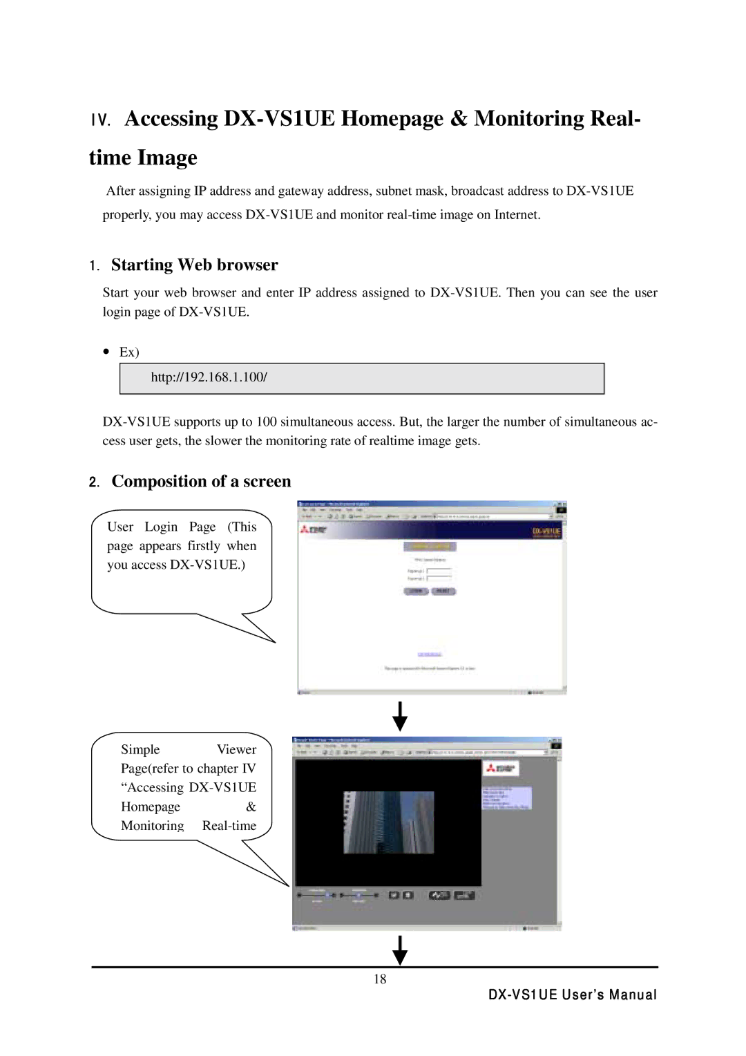 Mitsubishi Electronics DX-VS1 user manual Starting Web browser, Composition of a screen 