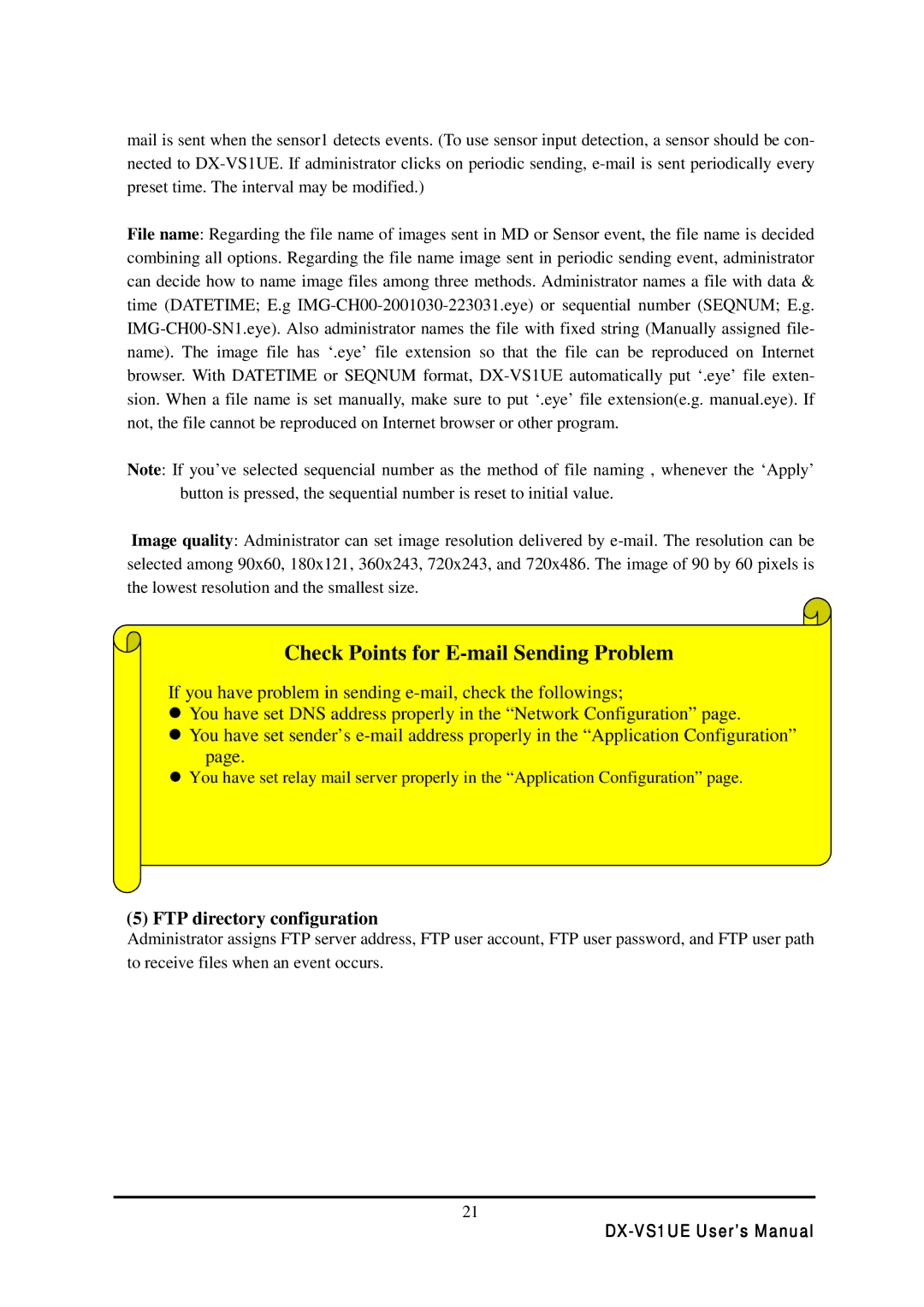 Mitsubishi Electronics DX-VS1 user manual Check Points for E-mail Sending Problem, FTP directory configuration 