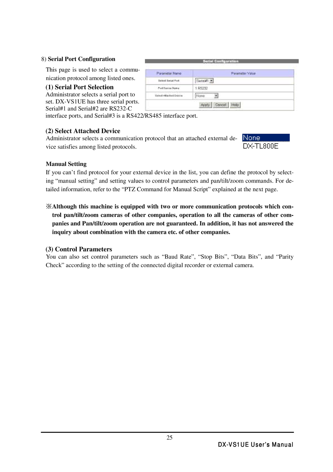 Mitsubishi Electronics DX-VS1 Serial Port Selection, Select Attached Device, Control Parameters, Serial Port Configuration 