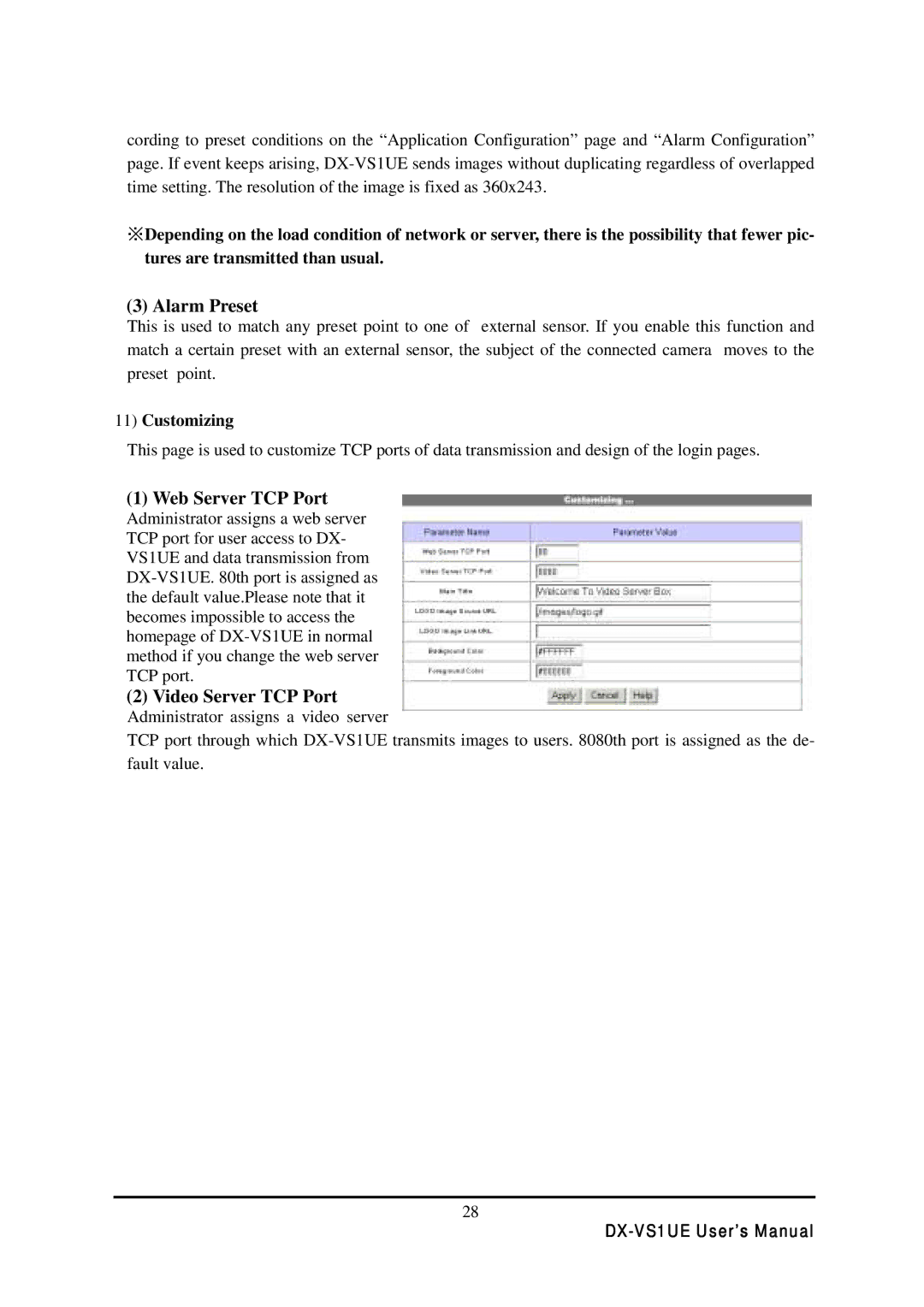 Mitsubishi Electronics DX-VS1 user manual Alarm Preset, Web Server TCP Port, Video Server TCP Port, Customizing 