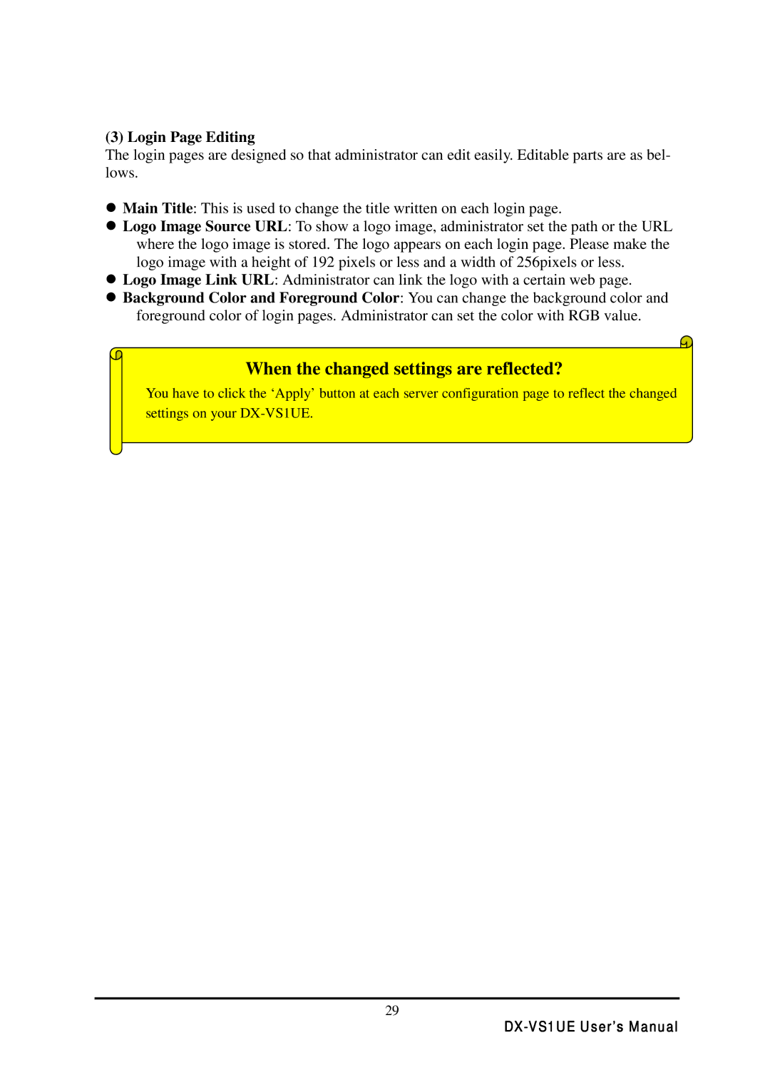 Mitsubishi Electronics DX-VS1 user manual When the changed settings are reflected?, Login Page Editing 