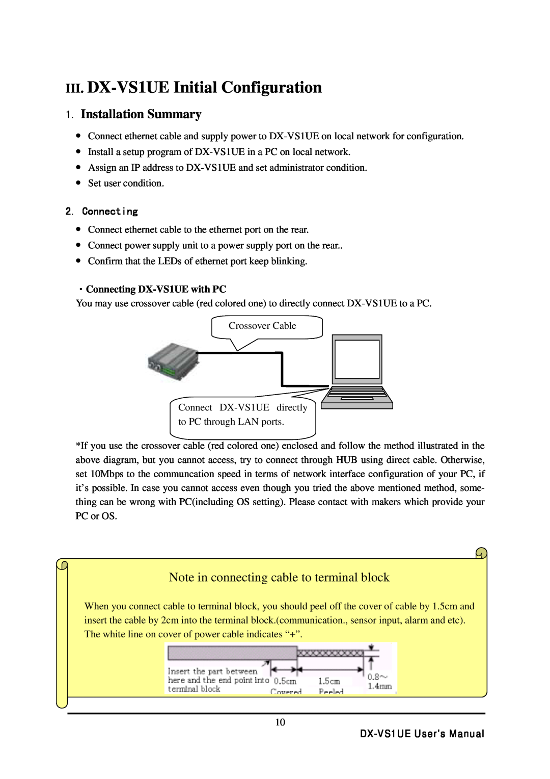 Mitsubishi Electronics III. DX-VS1UE Initial Configuration, Installation Summary, Connecting, DX-VS1UE User’s Manual 