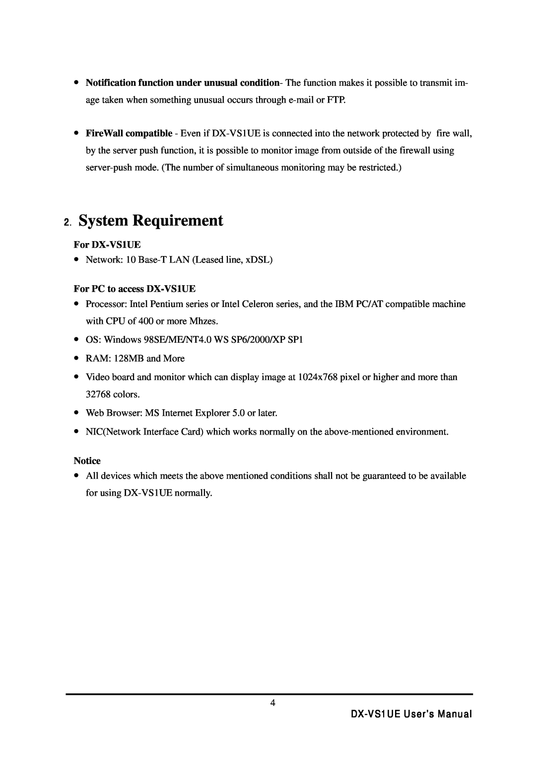Mitsubishi Electronics user manual System Requirement, For DX-VS1UE, For PC to access DX-VS1UE, DX-VS1UE User’s Manual 