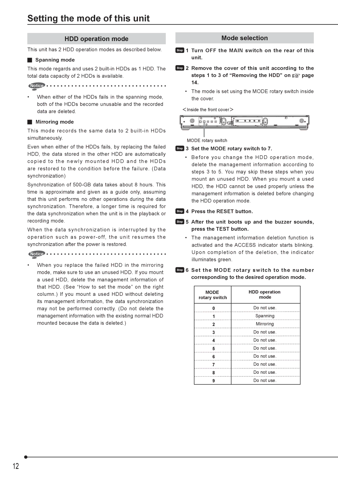 Mitsubishi Electronics DX-ZD6UE operation manual Setting the mode of this unit, HDD operation mode, Mode selection 