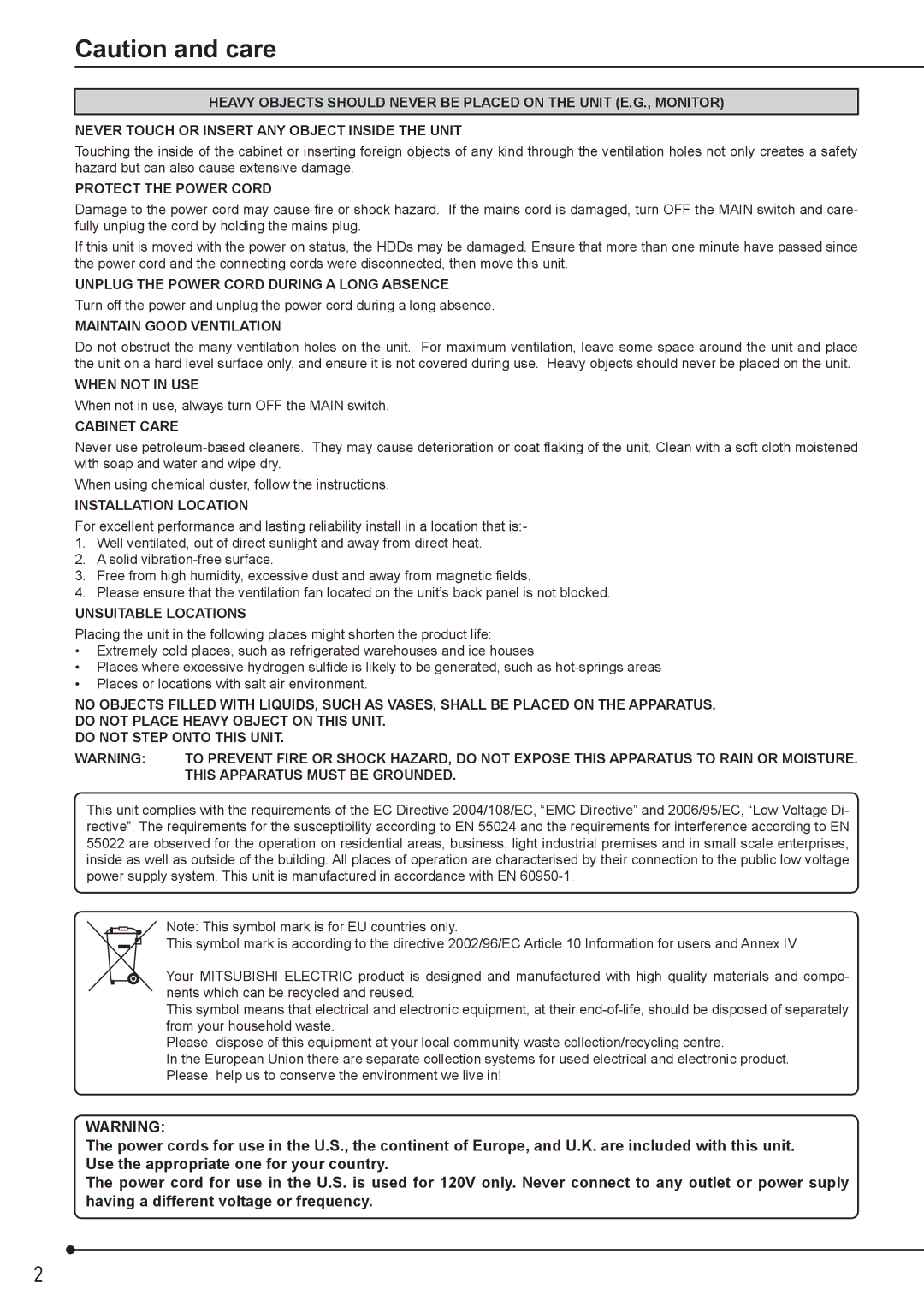 Mitsubishi Electronics DX-ZD6UE operation manual Unplug the Power Cord During a Long Absence 